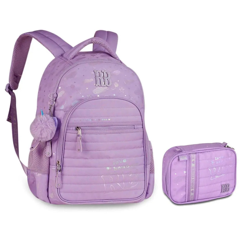 Kit Mochila Costas Rebecca Bonbon Holográfica Lilás Estojo Box Juvenil Feminino Meninas Escolar Clio Megalomania