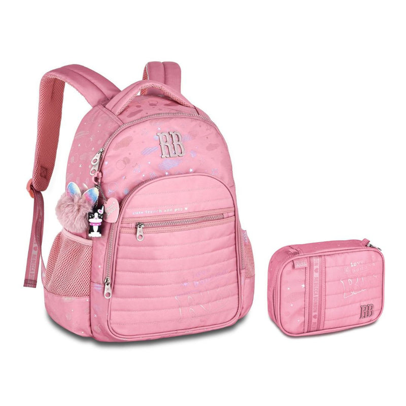 Kit Mochila Costas Rebecca Bonbon Holográfica Rosa Claro Estojo Box Escolar Juvenil Meninas Clio