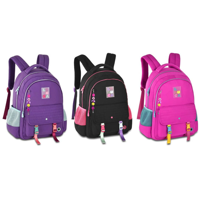 Mochila Costas Lilás Preto Rosa Luluca Chaveiro Escolar Juvenil Meninas Feminino Clio