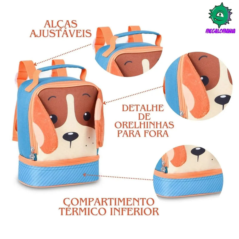 Kit Mochila de Carrinho Laranja Bolsa Mala Lancheira Térmica Duas Alças Escolar Infantil Clio Megalomania