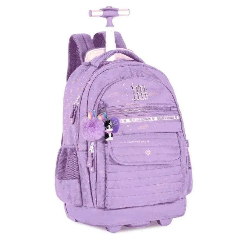Kit Mochila Carrinho Holográfica Rebecca Bonbon Lilás Estojo Box Juvenil Escolar Feminino Meninas Clio