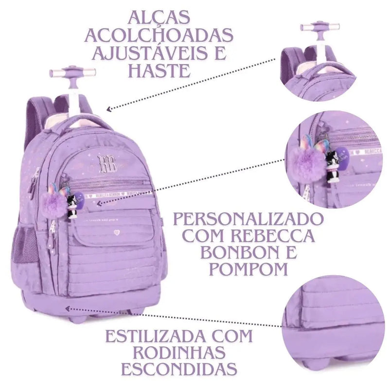 Mochila Carrinho Rebecca Bonbon Holografica Preto Lilás Rosa Claro Juvenil Escolar Meninas Clio Megalomania