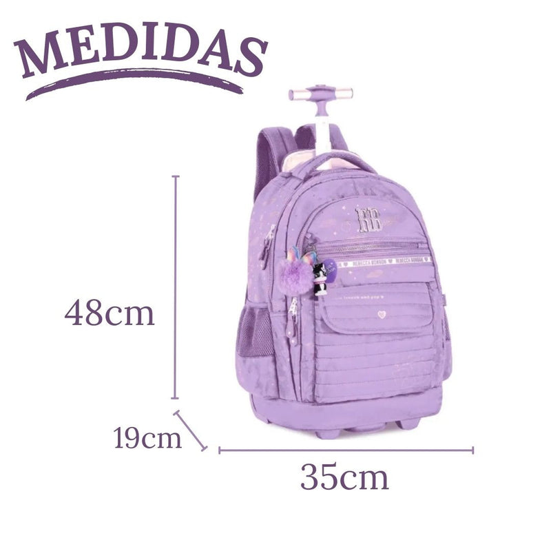 Kit Mochila Carrinho Holográfica Rebecca Bonbon Lilás Estojo Box Juvenil Escolar Feminino Meninas Clio