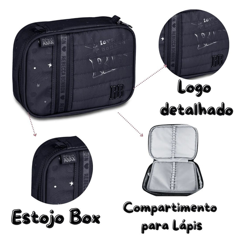 Kit Mochila Costas Rebecca Bonbon Holográfica Preto Estojo Box Juvenil Feminino Meninas Escolar Clio