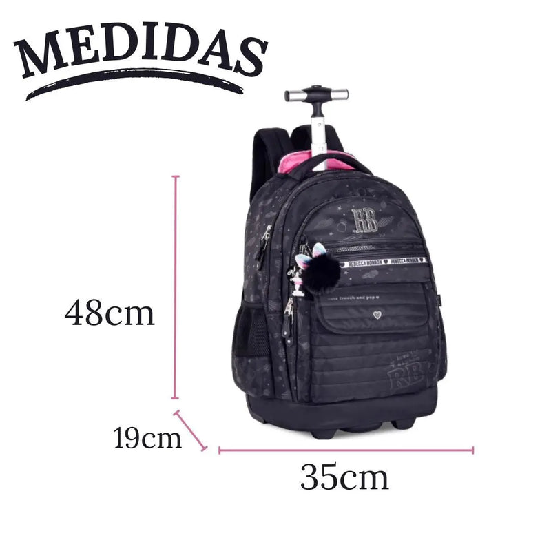Mochila Carrinho Rebecca Bonbon Holografica Preto Lilás Rosa Claro Juvenil Escolar Meninas Clio Megalomania