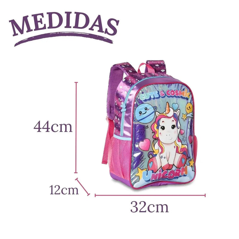 Mochila Costas Infantil Unicórnio Holográfica Rosa Colorido Arco-Iris Meninas Feminino Clio Megalomania