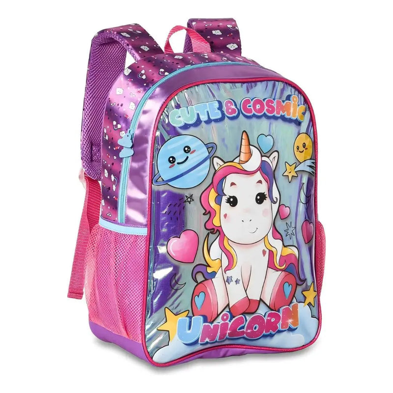 Mochila Costas Infantil Unicórnio Holográfica Rosa Colorido Arco-Iris Meninas Feminino Clio Megalomania