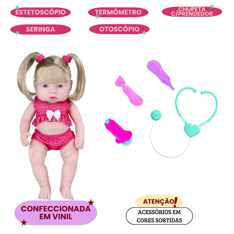 Brinquedo Boneca Tatinha Medica Estetoscópio Otoscópio Termômetro Infantil Menina Seringa Chupeta Prendedor
