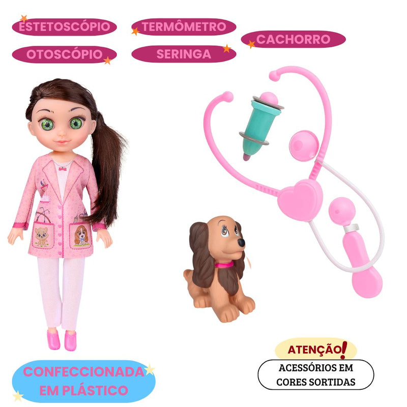 Boneca Coleção Sophy Profissões Veterinária Dog Menina Brinquedo Diversão Pet Cuidado Acessórios Ponto Criativo