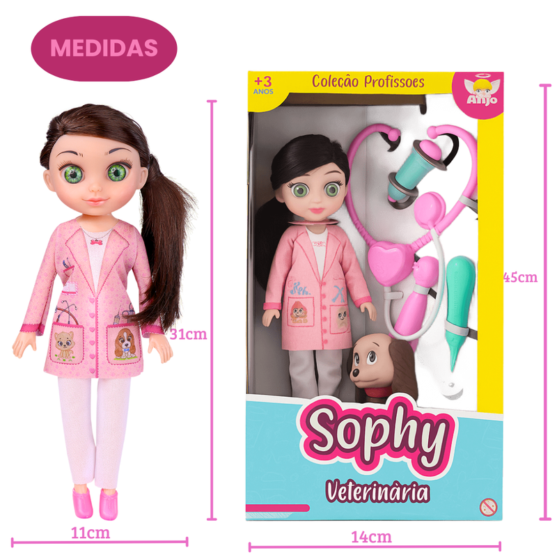 Boneca Coleção Sophy Profissões Veterinária Dog Menina Brinquedo Diversão Pet Cuidado Acessórios Ponto Criativo