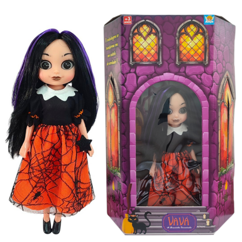 Boneca Infantil Vavá Bruxinha Encantada Menina Criança Wandinha Halloween Família Addams Diversão Ponto Criativo