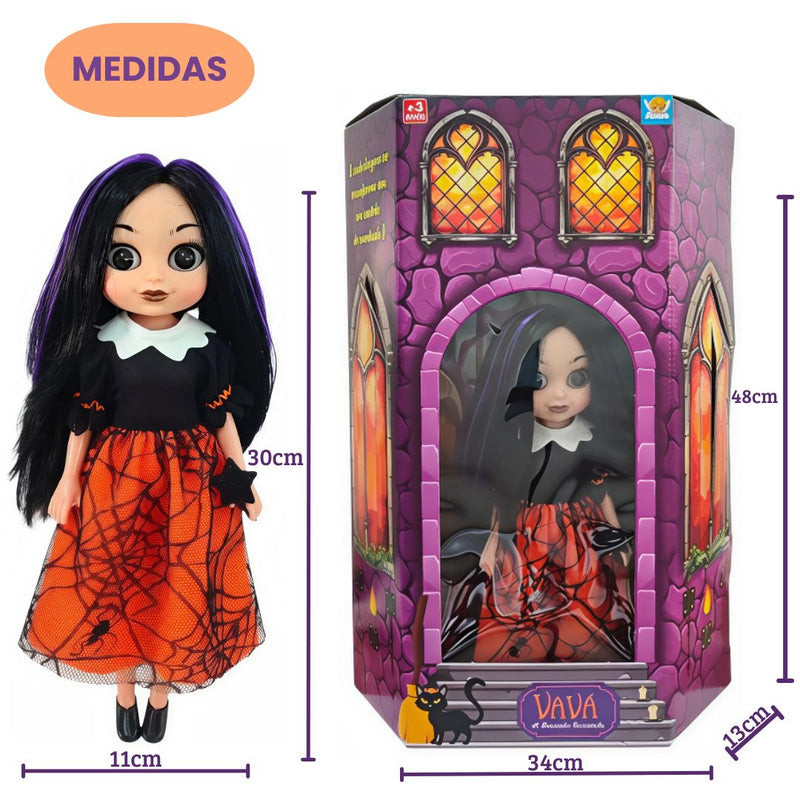 Boneca Infantil Vavá Bruxinha Encantada Menina Criança Wandinha Halloween Família Addams Diversão Ponto Criativo