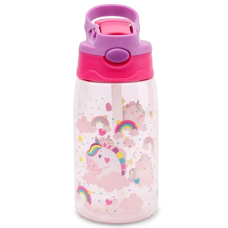 Garrafa Agua com Canudo 500 ml Trava Tampa Infantil Escolar Rosa Unicornio