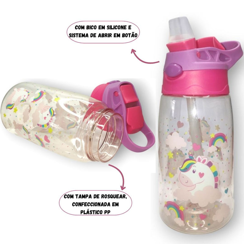 Garrafa Agua com Canudo 500 ml Trava Tampa Infantil Escolar Rosa Unicornio