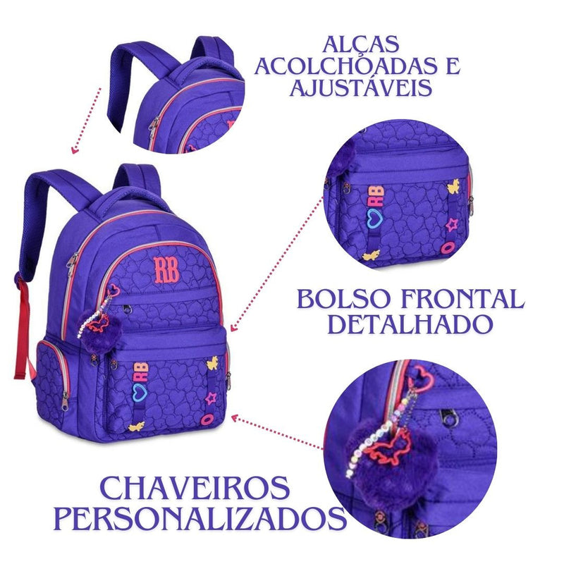 Kit Mochila Costas Rebecca Bonbon Roxa Estojo Box Juvenil Escolar Meninas Feminino Clio