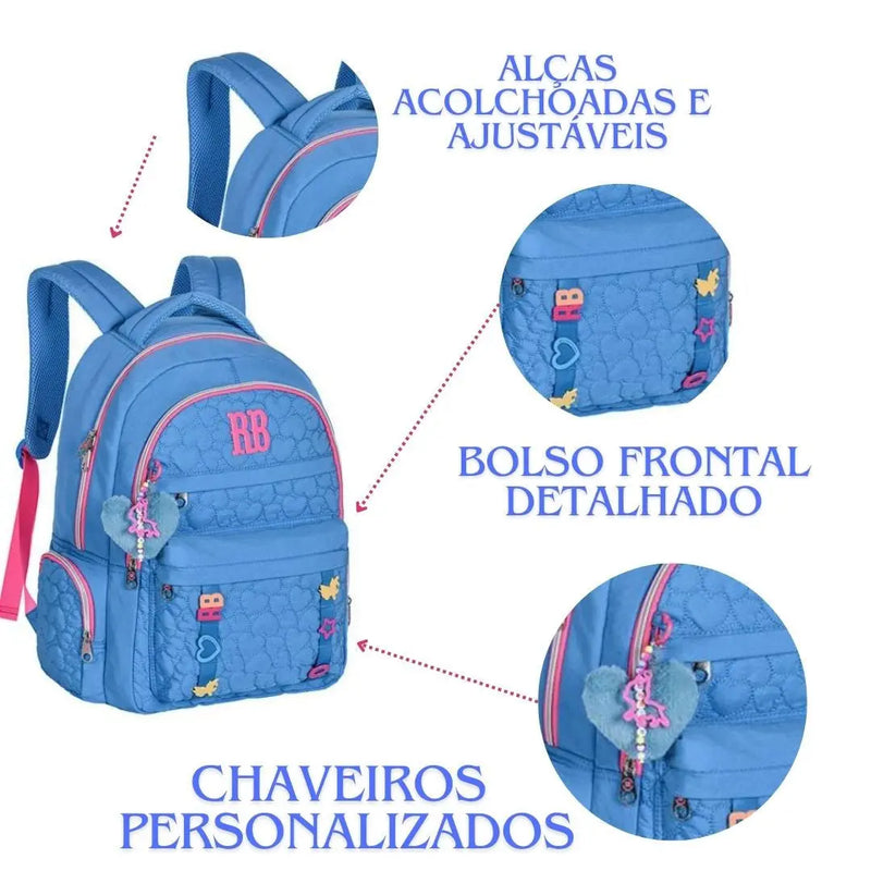 Kit Mochila Costas Rebecca Bonbon Azul Estojo Grande Box Juvenil Meninas Escolar Feminino Clio Megalomania