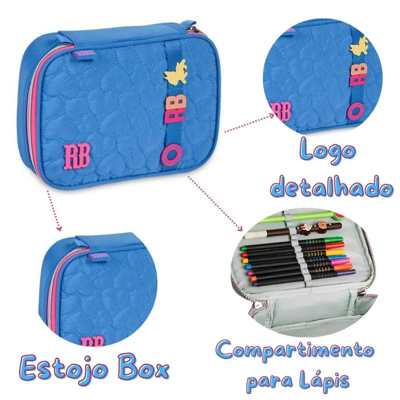 Kit Mochila Costas Rebecca Bonbon Azul Estojo Grande Box Juvenil Meninas Escolar Feminino Clio Megalomania
