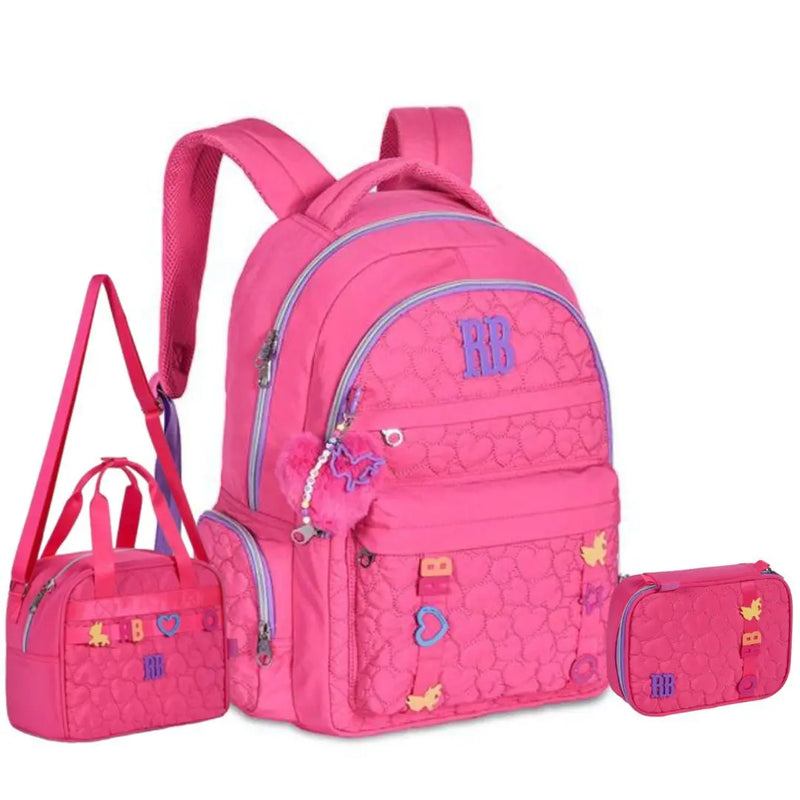 Kit Mochila Costas Rebecca Bonbon Rosa Lancheira Térmica Estojo Box Juvenil Feminino Meninas Chaveiro Escolar Clio Megalomania