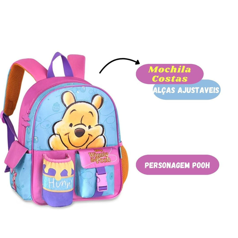 Mochila De Costas Ursinho pooh Espaçosa Organização Escolar Material Rosa Feminino Meninas Colorido Ponto Criativo