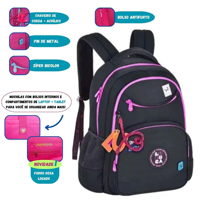 Mochila Costas Luluca Escolar Oficial Notebook Resistente Durável Espaçosa Feminina Grande Menina Youtube