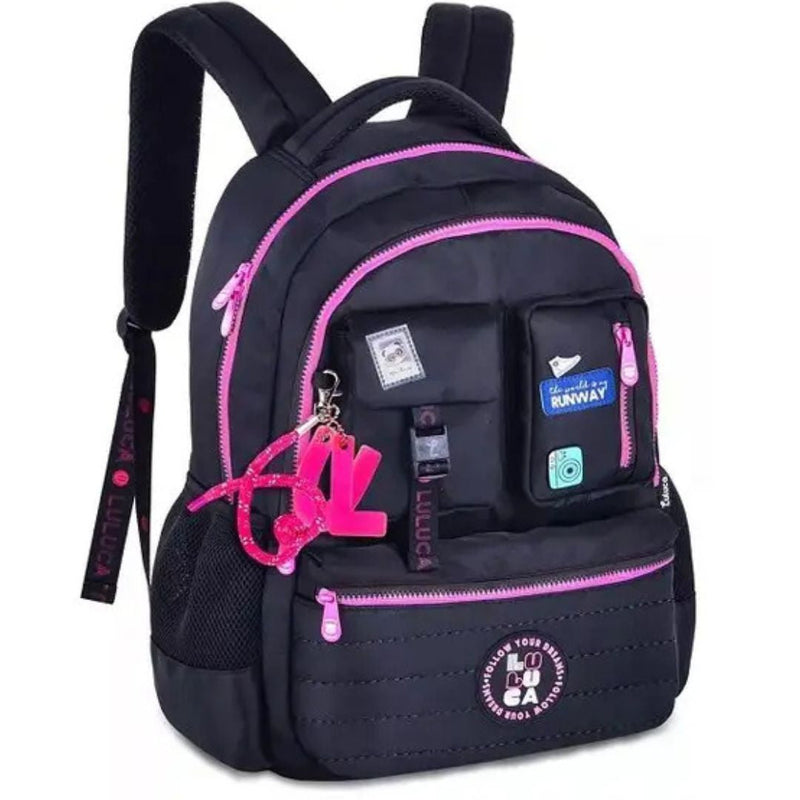 MOCHILA DE COSTAS LULUCA PRETO ROSA AZUL 17,5" LU24636 Megalomania