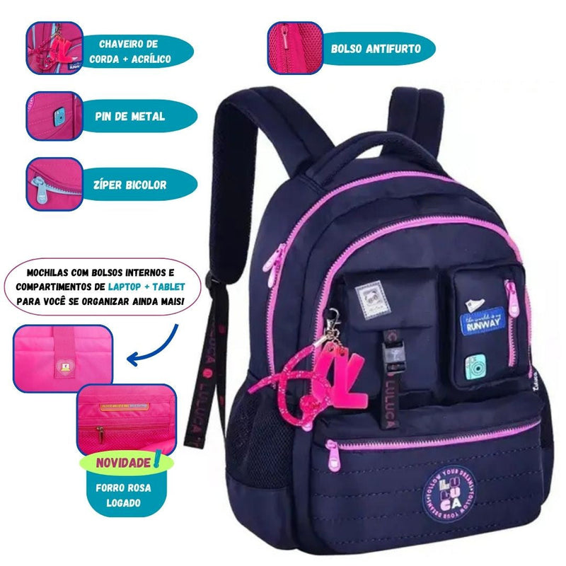 MOCHILA DE COSTAS LULUCA PRETO ROSA AZUL 17,5" LU24636 Megalomania
