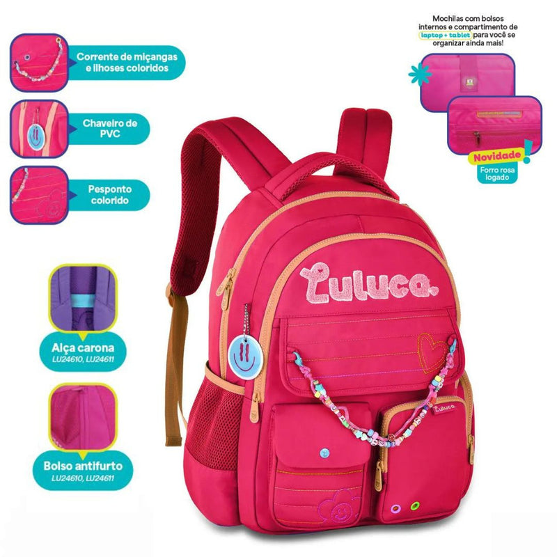Mochila de Costas Luluca Youtuber Bolsa Juvenil Escolar Notebook Miçangas Smille Feminina