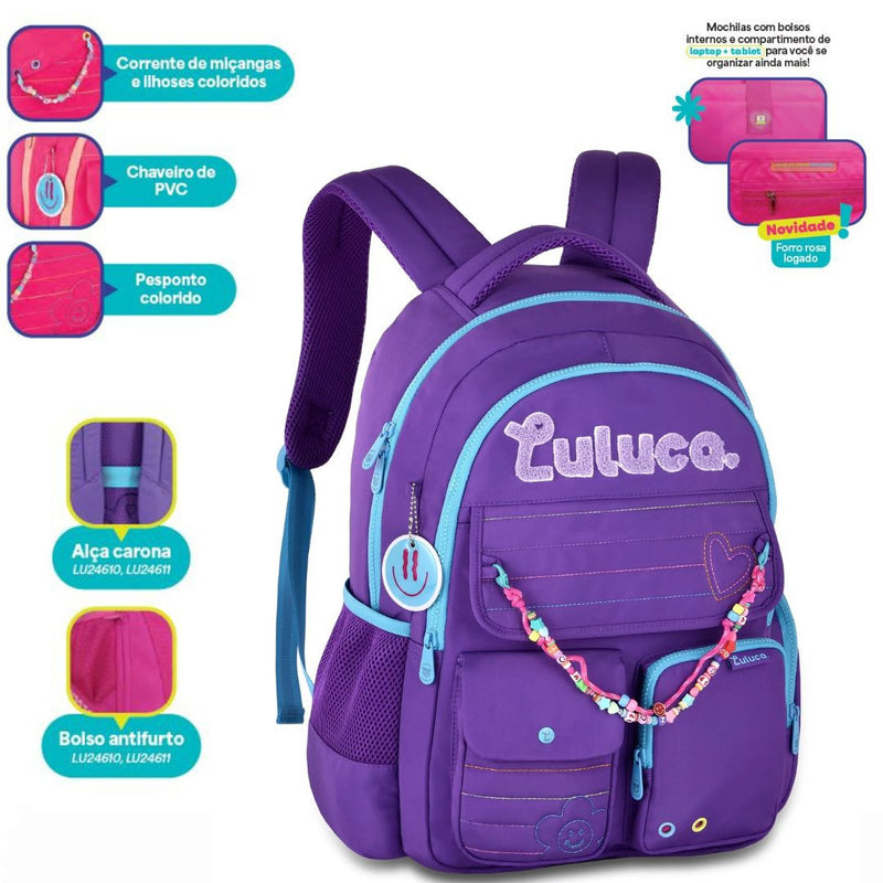 Mochila de Costas Luluca Youtuber Bolsa Juvenil Escolar Notebook Miçangas Smille Feminina