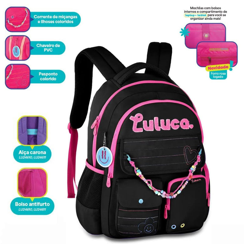 Mochila de Costas Luluca Youtuber Bolsa Juvenil Escolar Notebook Miçangas Smille Feminina