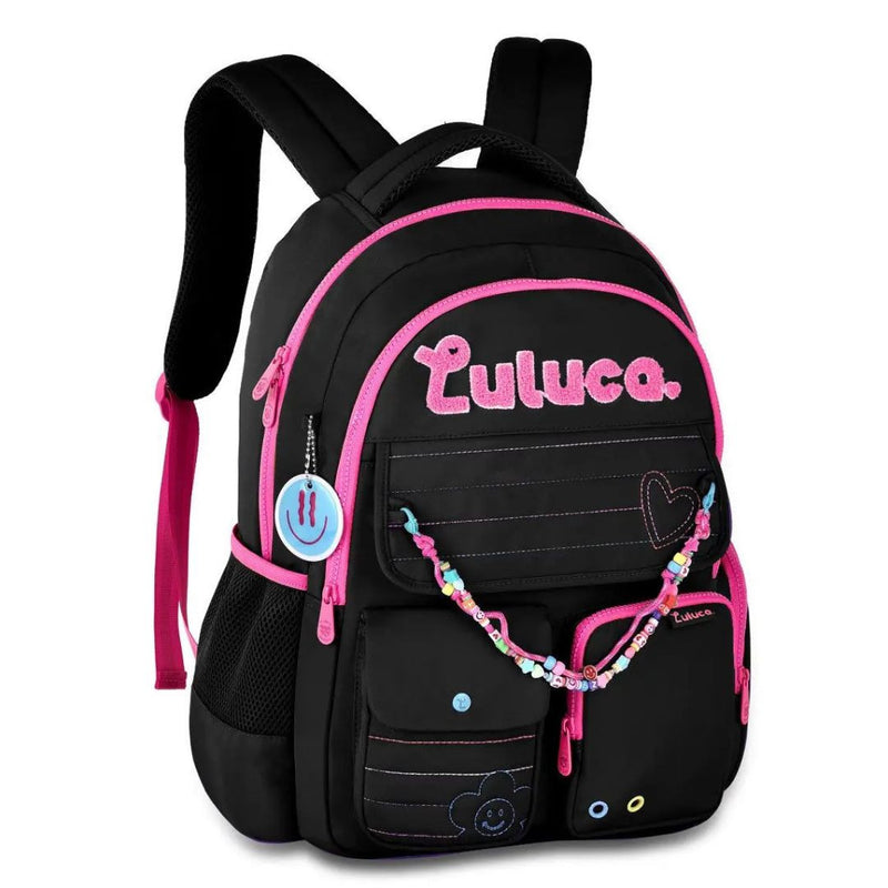 Mochila de Costas Luluca Youtuber Bolsa Juvenil Escolar Notebook Miçangas Smille Feminina