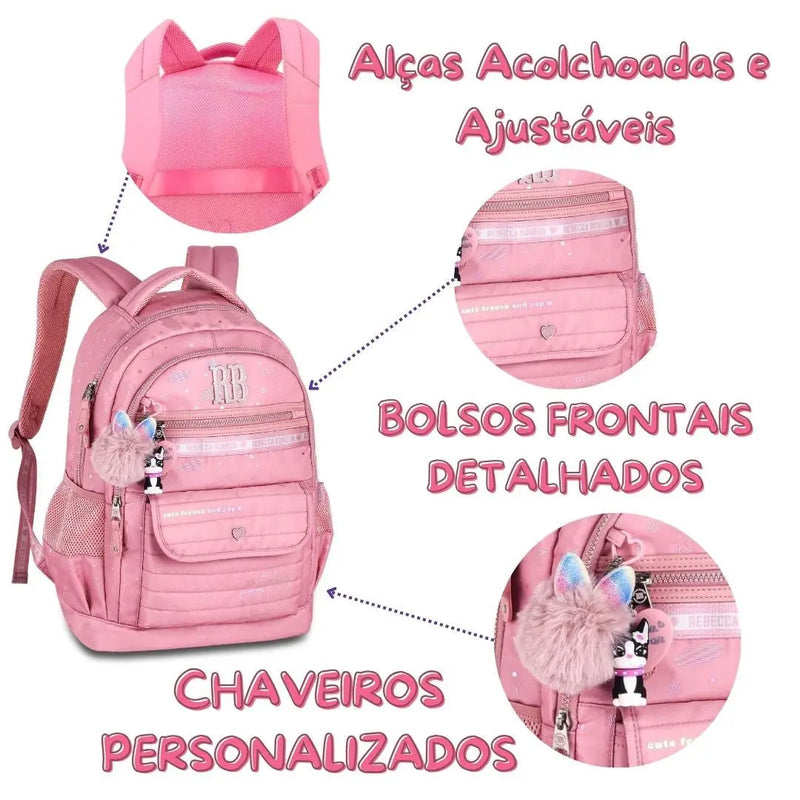 Mochila Costas Rebecca Bonbon Holográfica Adolescente Juvenil Feminina Preto Lilás Rosa Claro Escolar Grande Chaveiro Colorida Clio Megalomania
