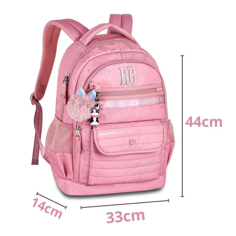 Mochila Costas Rebecca Bonbon Holográfica Adolescente Juvenil Feminina Preto Lilás Rosa Claro Escolar Grande Chaveiro Colorida Clio Megalomania