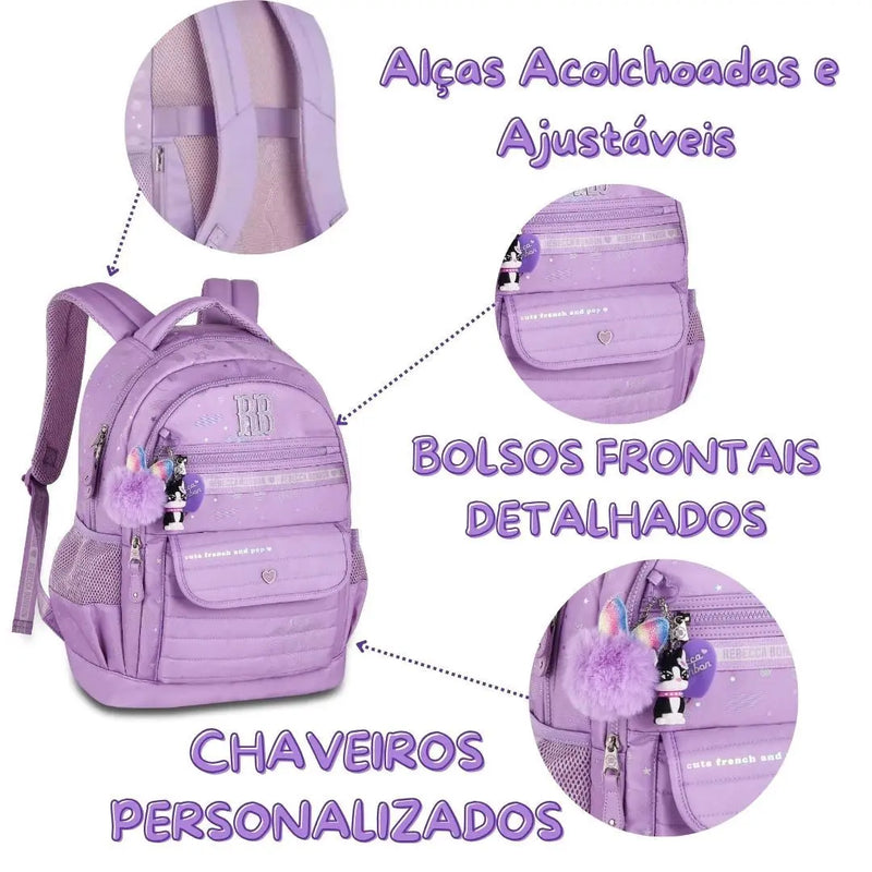 Mochila Costas Rebecca Bonbon Holográfica Adolescente Juvenil Feminina Preto Lilás Rosa Claro Escolar Grande Chaveiro Colorida Clio Megalomania