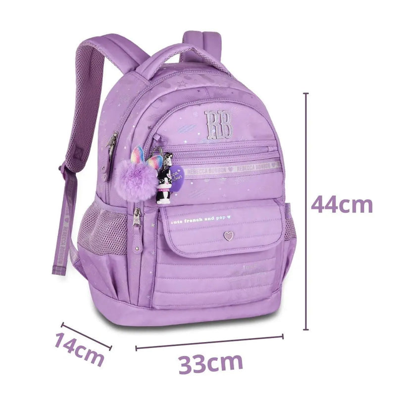 Mochila Costas Rebecca Bonbon Holográfica Adolescente Juvenil Feminina Preto Lilás Rosa Claro Escolar Grande Chaveiro Colorida Clio Megalomania