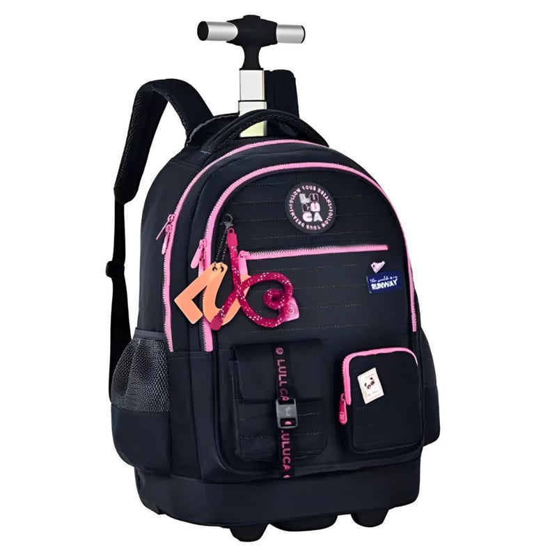 Mochila Carrinho Rodinha Luluca Bolsa Mala Escolar Viagem Preto Rosa Azul Juvenil Adolescente Chaveiros Personalizados Clio