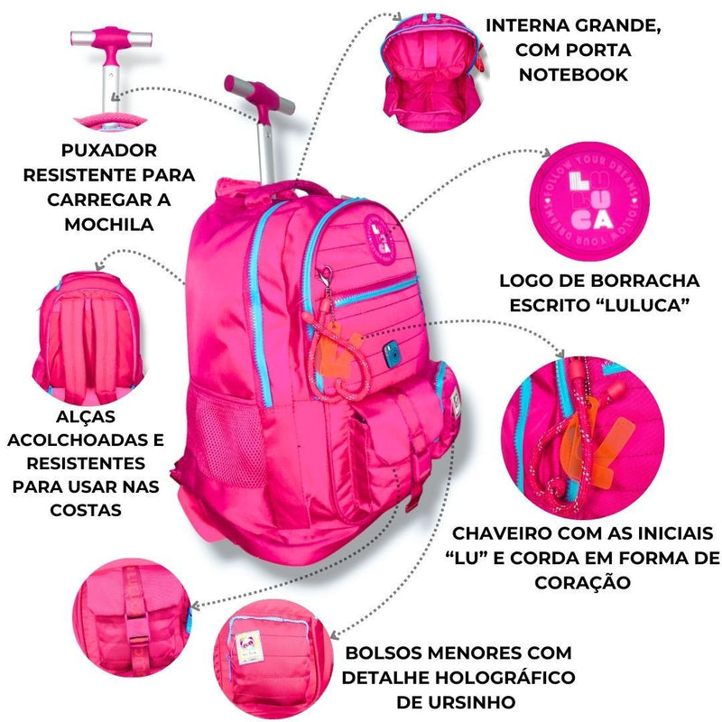 Mochila Carrinho Rodinha Luluca Bolsa Mala Escolar Viagem Preto Rosa Azul Juvenil Adolescente Chaveiros Personalizados Clio