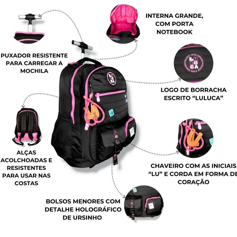 Mochila Carrinho Rodinha Luluca Bolsa Mala Escolar Viagem Preto Rosa Azul Juvenil Adolescente Chaveiros Personalizados Clio