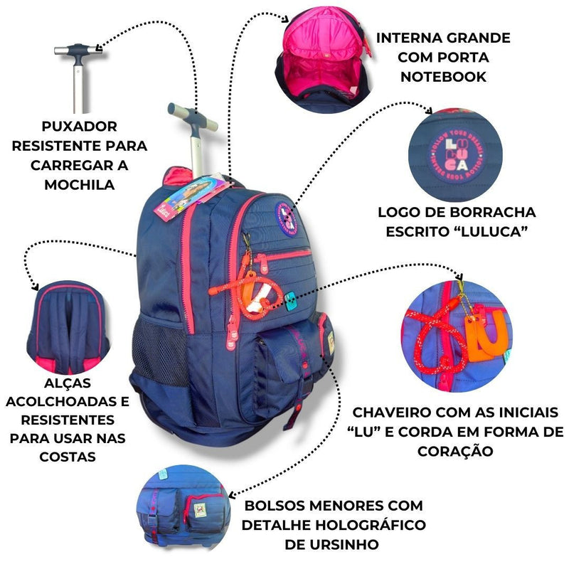 Mochila Carrinho Rodinha Luluca Bolsa Mala Escolar Viagem Preto Rosa Azul Juvenil Adolescente Chaveiros Personalizados Clio