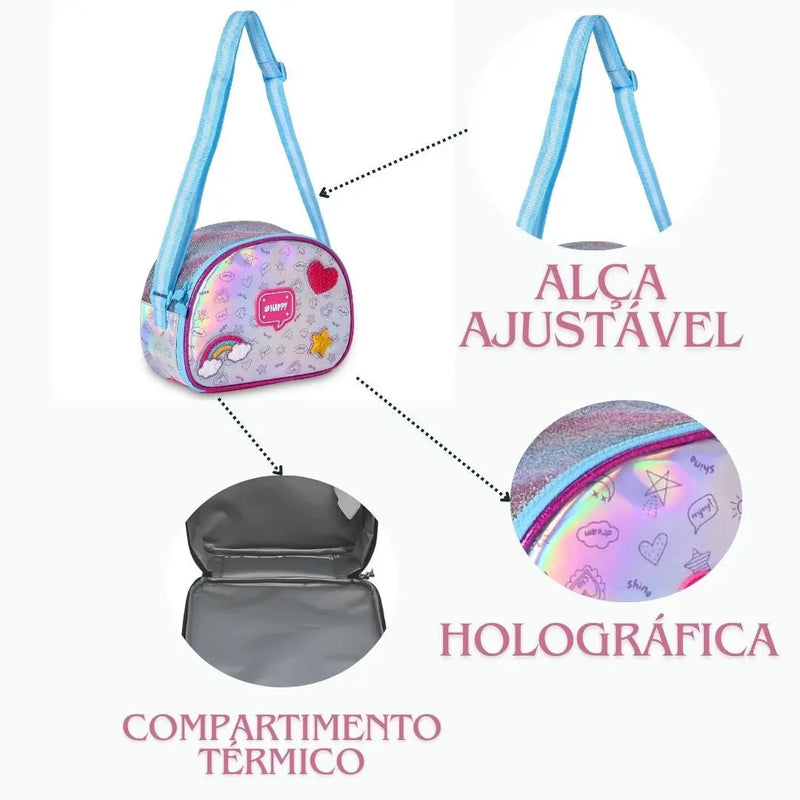 Kit Mochila Carrinho Holográfica Lancheira Térmica Juvenil Lanche Feminina Rosa Meninas Clio Megalomania