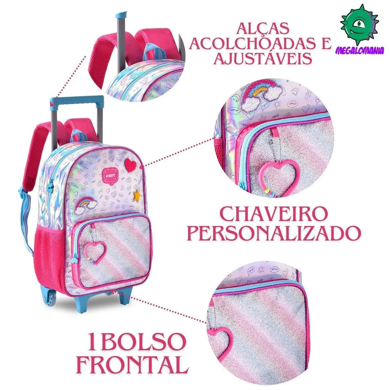 Kit Mochila Carrinho Holográfica Lancheira Térmica Juvenil Lanche Feminina Rosa Meninas Clio Megalomania