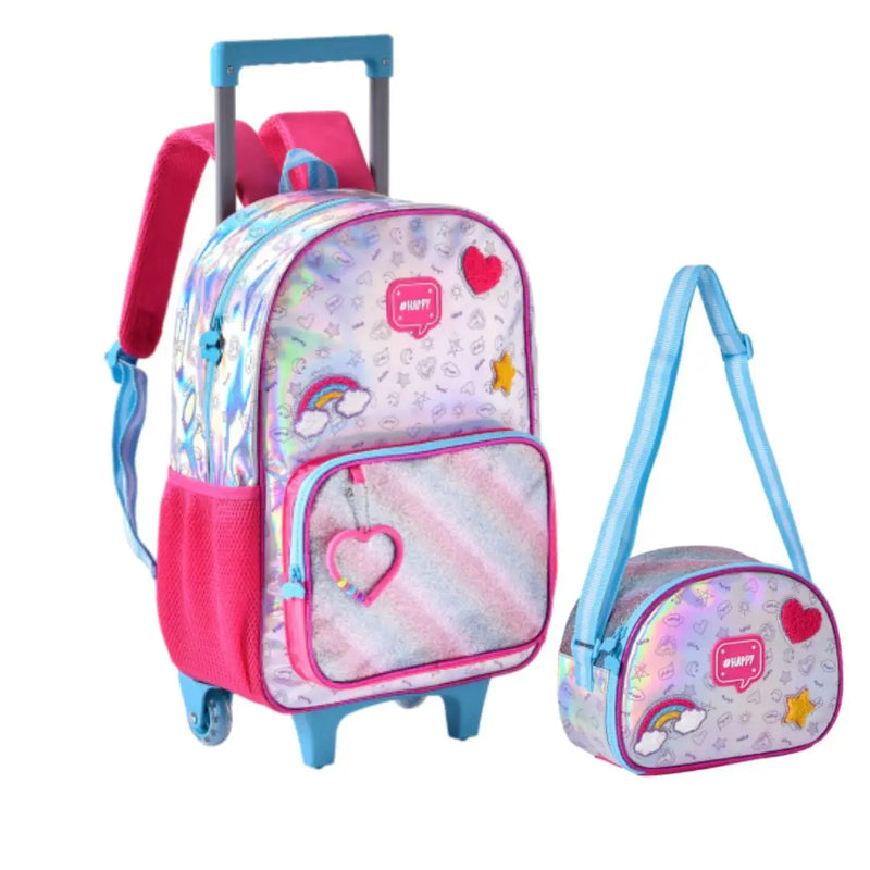 Kit Mochila Carrinho Holográfica Lancheira Térmica Juvenil Lanche Feminina Rosa Meninas Clio Megalomania