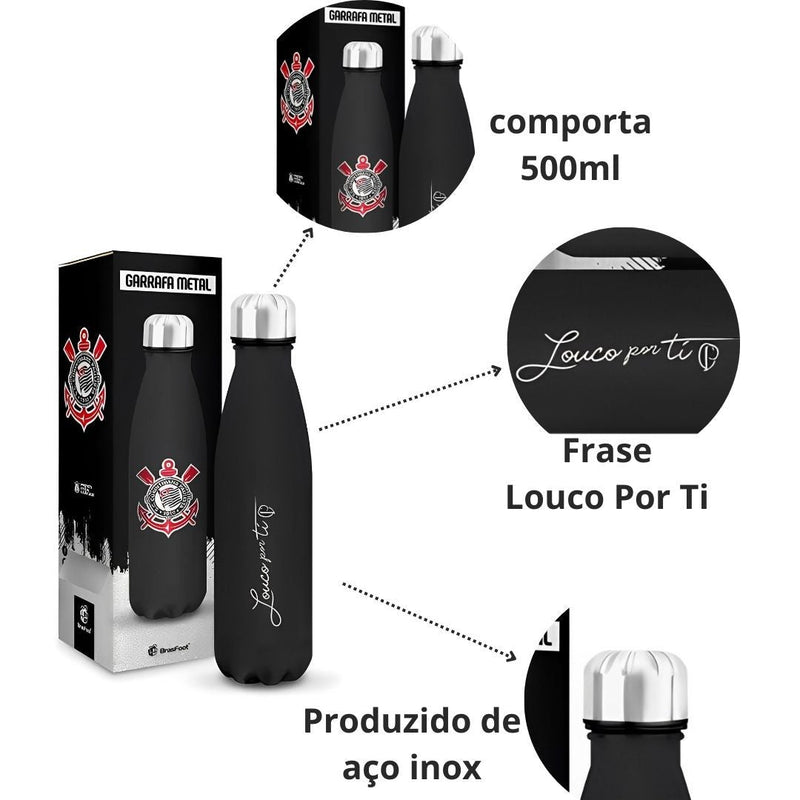 Garrafa Térmica 500ml Metal Emborrachado Neo Corinthians Oficial Pai Presente Treino Futebol Megalomania