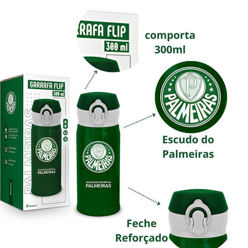 Garrafa Flip Térmica 300ml Palmeiras Verdão Campeonato Futebol Pai Presente Treino Time Megalomania