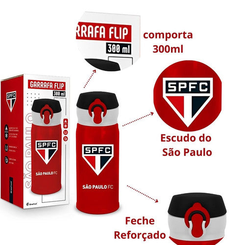 Garrafa Flip Térmica Tricolor São Paulo Metal Campeonato Futebol Pai Presente Treino Esporte
