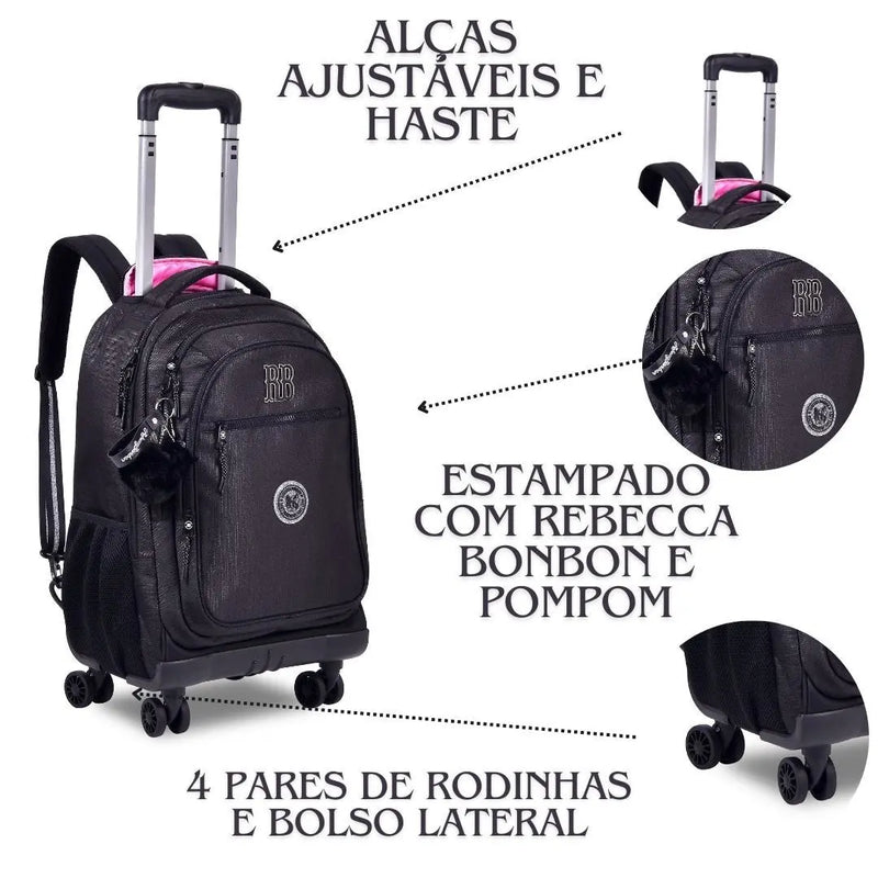 Mochila Carrinho Rebecca Bonbon Preto Juvenil Escolar Feminino Meninas Chaveiro Clio Megalomania