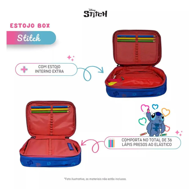 Estojo Box Stitch Disney Azul Lilás Rosa Juvenil Escolar Feminino Meninas Clio Megalomania