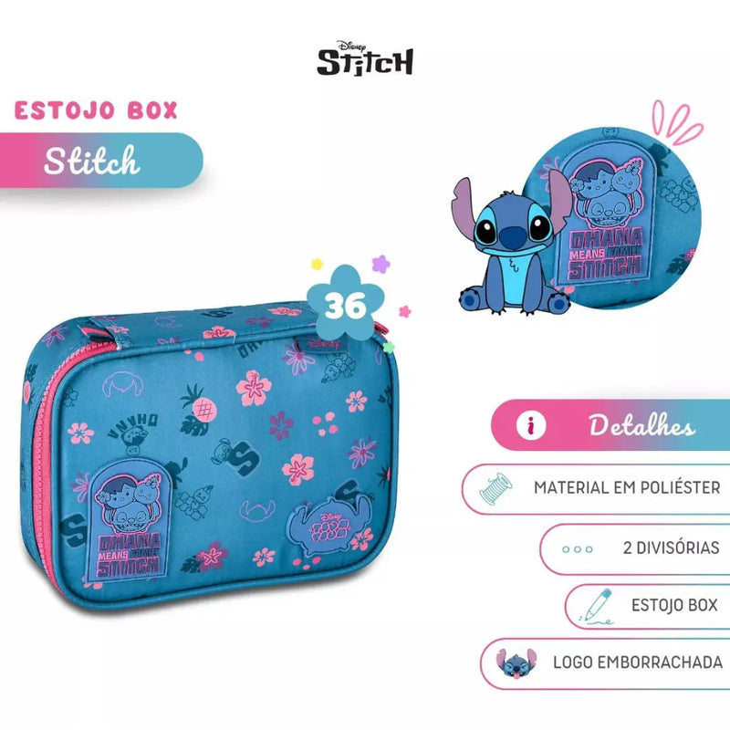 Estojo Box Stitch Disney Azul Lilás Rosa Juvenil Escolar Feminino Meninas Clio Megalomania