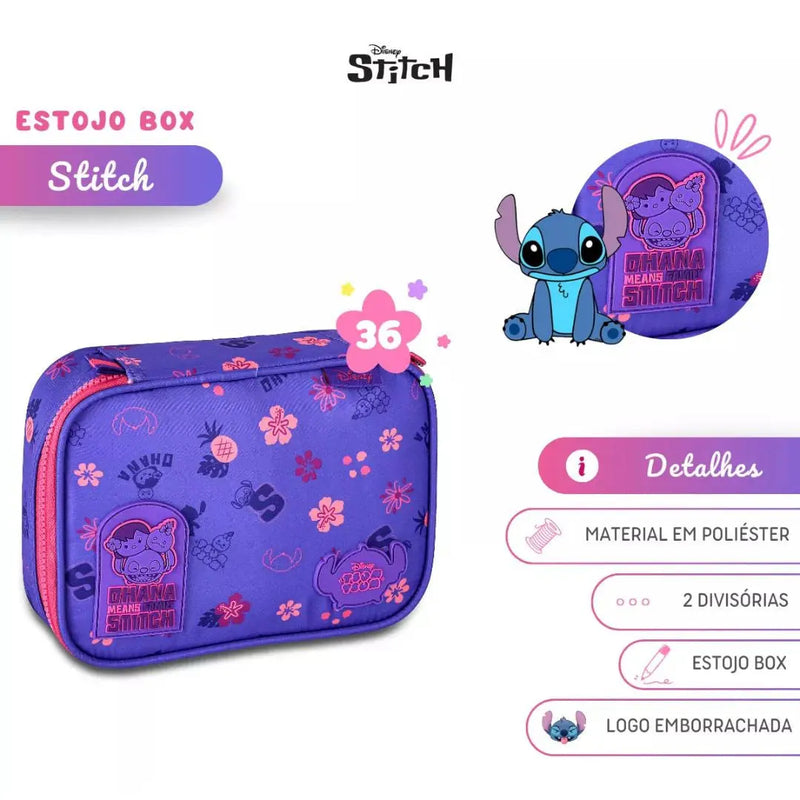 Estojo Box Stitch Disney Azul Lilás Rosa Juvenil Escolar Feminino Meninas Clio Megalomania