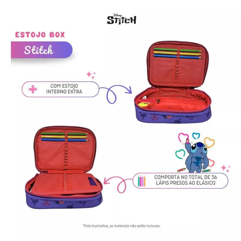 Estojo Box Stitch Disney Azul Lilás Rosa Juvenil Escolar Feminino Meninas Clio Megalomania
