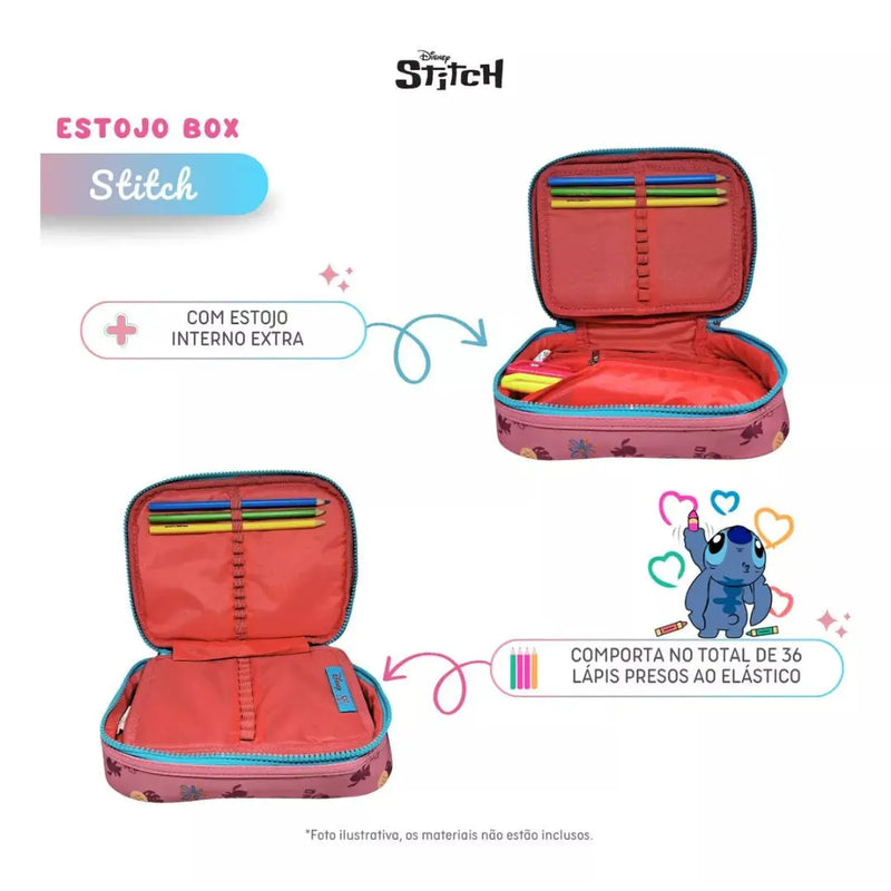 Estojo Box Stitch Disney Azul Lilás Rosa Juvenil Escolar Feminino Meninas Clio Megalomania